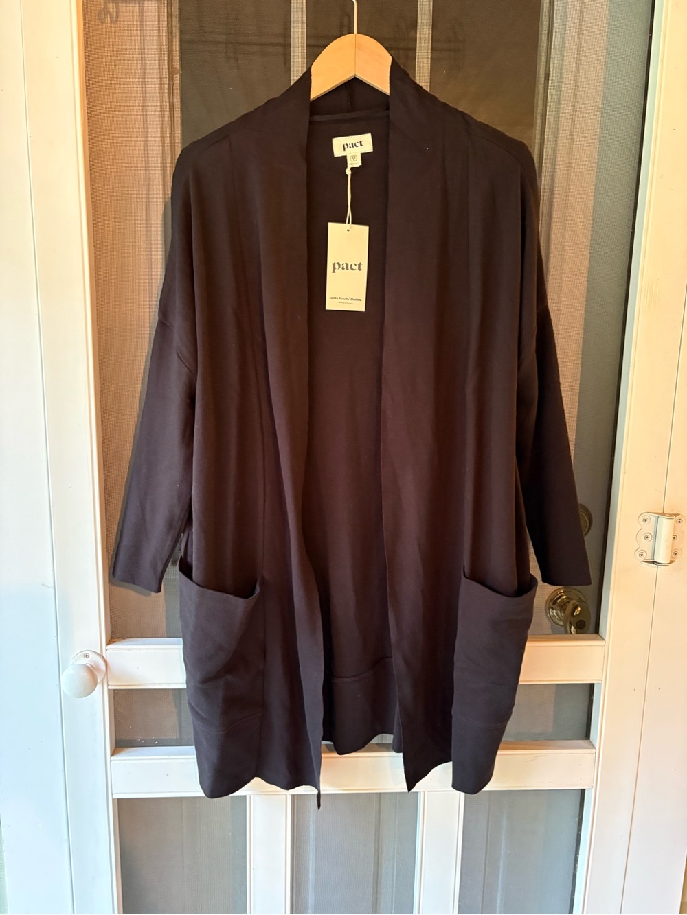 Pact Open-Front Cardigan in Black 100% organic cotton oversized for comfy travel